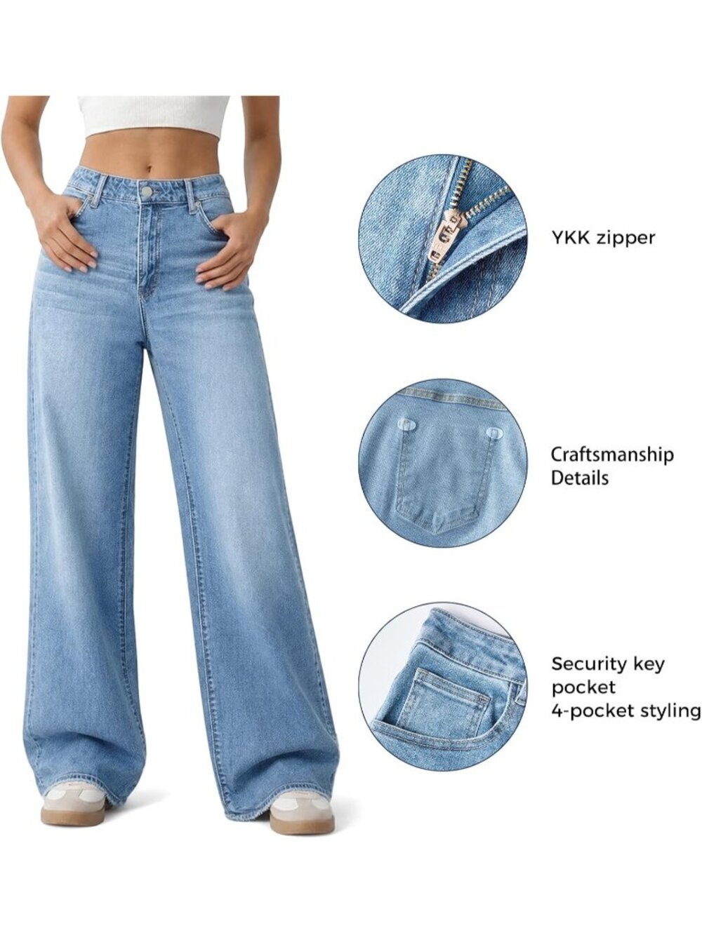 Women's Light Blue High Waisted Baggy Loose Straight Denim Pants Wide Leg Jeans - Picture 4 of 6